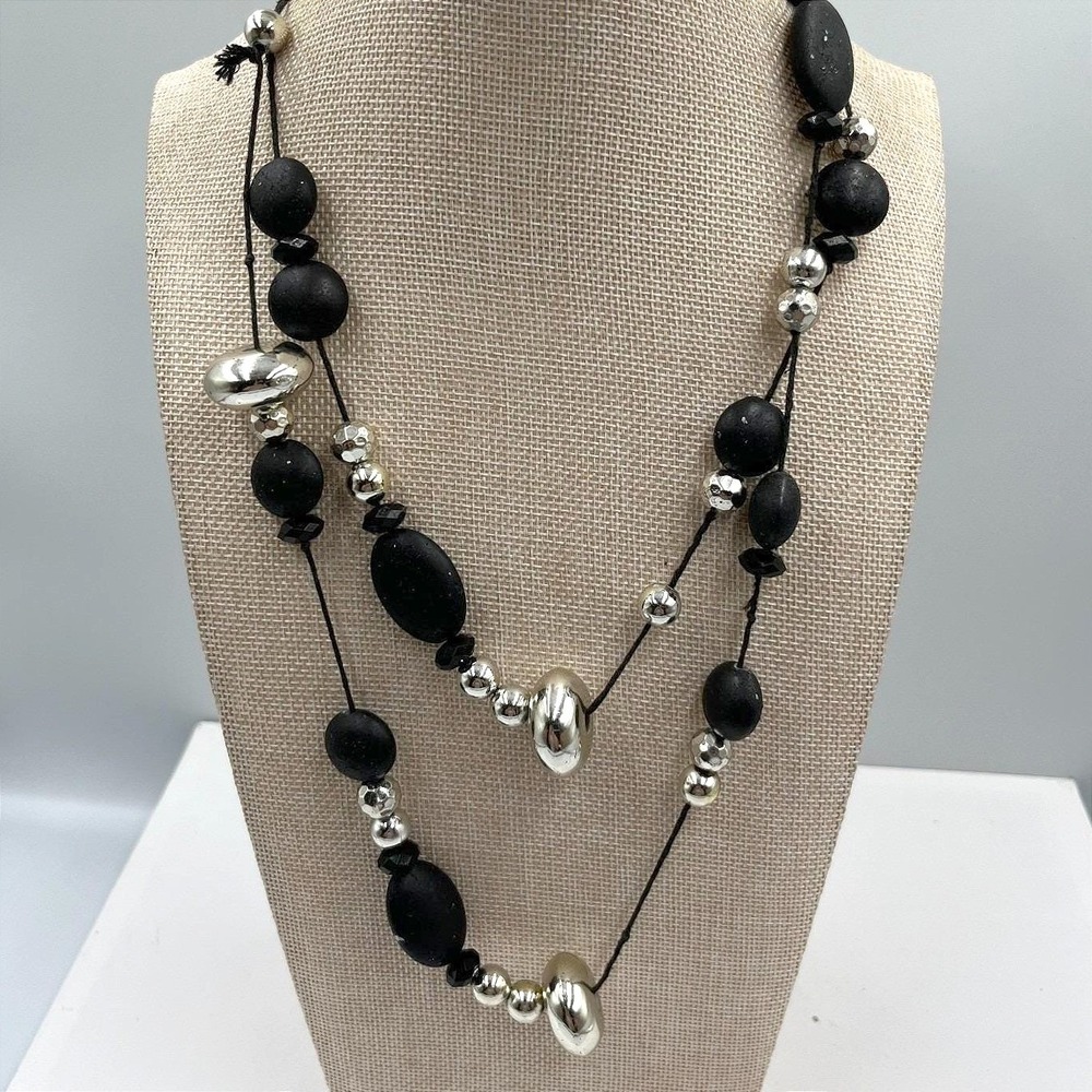 Vintage Black & Silver Tone Beaded Necklace Long‎ Opera Length Flapper Art Deco